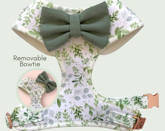 Eucalyptus Print Dog Harness with Sage Bow Tie