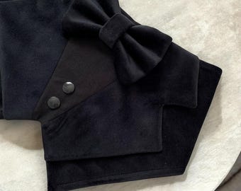 Solid Black Velvet Dog Tuxedo Bandana, All Black Wedding Pet Tuxedo, Black Velvet Dog Tuxedo With Black Bow Tie, Dog Wedding Outfit