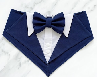 Navy Blue Wedding Dog Tuxedo Bandana: Handmade Pet Ring Bearer Outfit
