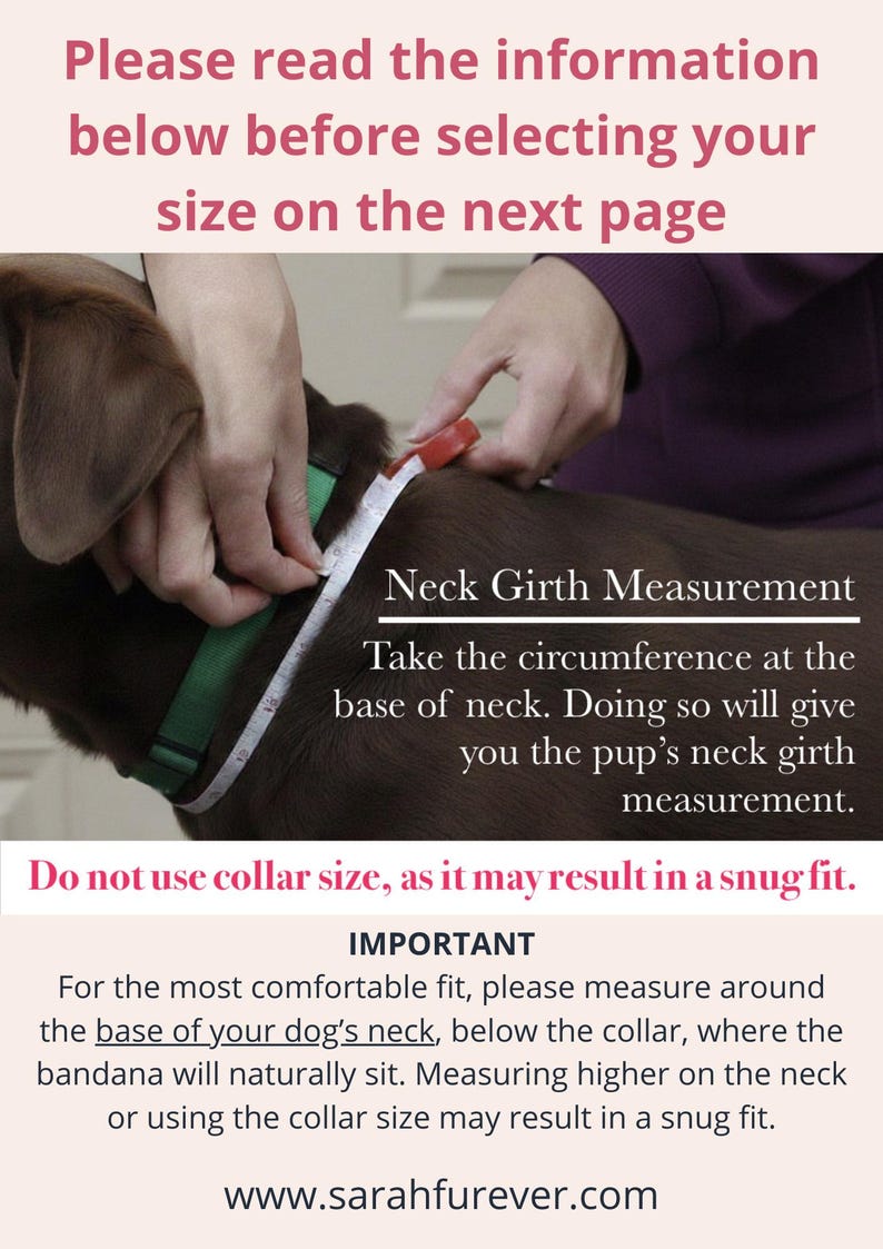 Op de afbeelding: Een bruine hond met een groene halsband en een wit meetlint om de nek. De tekst luidt: Please read the information below before selecting your size on the next page, Neck Girth Measurement, en instructies voor het opmeten.