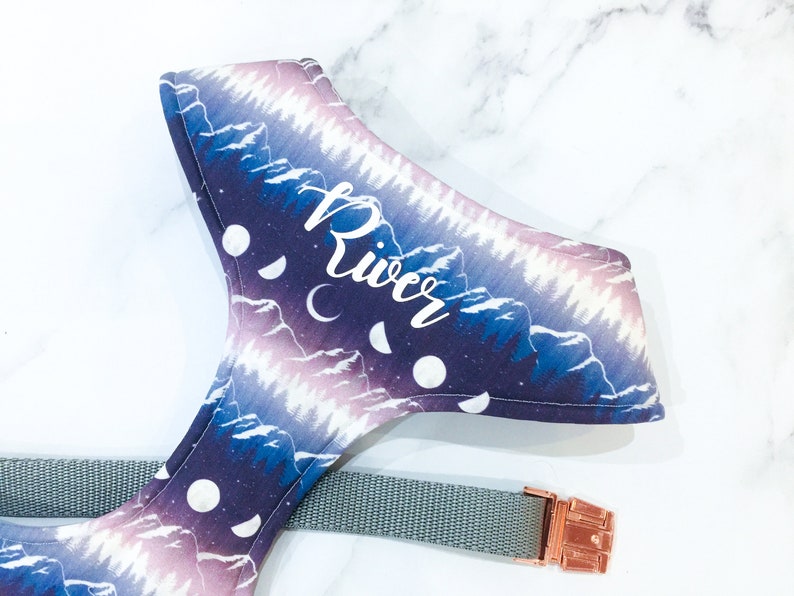 May include: A purple and blue dog harness with a mountain and moon pattern. The harness has the name "River" embroidered on it in white. The harness is attached to a gray leash with a rose gold buckle.