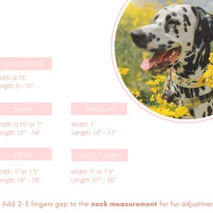May include: A chart with a Dalmatian dog in a floral dog collar, showing collar size measurements for extra small, small, medium, large, and extra-large collars. The chart includes width and length measurements in inches. The text "Add 2-3 fingers gap to the neck measurement for fur adjustment" is at the bottom of the chart.