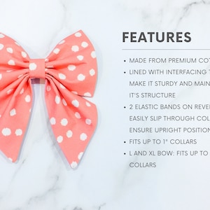 May include: A pink and white polka dot bow tie for dogs. It has two elastic bands on the back for easy attachment to a collar. The bow tie is made from premium cotton and is lined with interfacing to make it sturdy. It fits collars up to 1 inch.