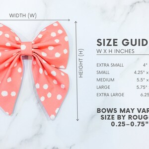 May include: A pink bow with white polka dots. The bow is shown in different sizes with measurements for each size. The text "SIZE GUIDE" is shown above the measurements. The text "W X H INCHES" is shown below the text "SIZE GUIDE". The text "BOWS MAY VARY IN SIZE BY ROUGHLY 0.25-0.75" is shown below the measurements.