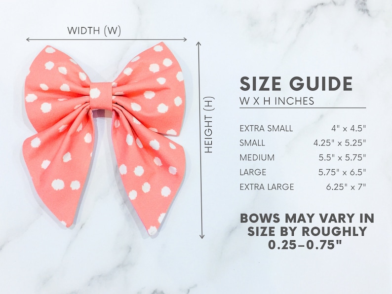 May include: A pink bow with white polka dots. The bow is shown in different sizes with measurements for each size. The text "SIZE GUIDE" is shown above the measurements. The text "W X H INCHES" is shown below the text "SIZE GUIDE". The text "BOWS MAY VARY IN SIZE BY ROUGHLY 0.25-0.75" is shown below the measurements.