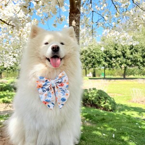 May include: A white fluffy dog wearing a floral bow tie sits in a grassy area with a cherry blossom tree in the background.