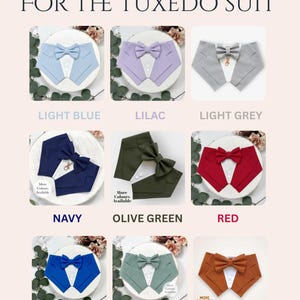 Op de afbeelding: Een raster van negen smoking-halsbanden met strikjes in lichtblauw, lila, lichtgrijs, marineblauw, olijfgroen, rood, koningsblauw, saliegroen en roestkleur. De tekst luidt CHOICE OF COLOUR FOR THE TUXEDO SUIT en www.sarahfurever.com.