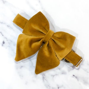 Mustard gold velvet dog bow, available in both sailor bow and bow tie style, perfect for Autumn and Winter, handmade in the UK