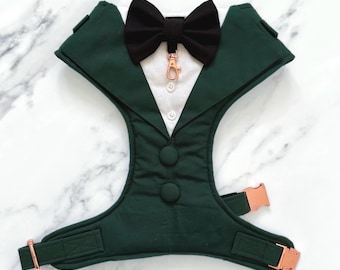 Bespoke Dog Wedding Tuxedo Harness: Dark Green Formal Suit for Dog of Honour
