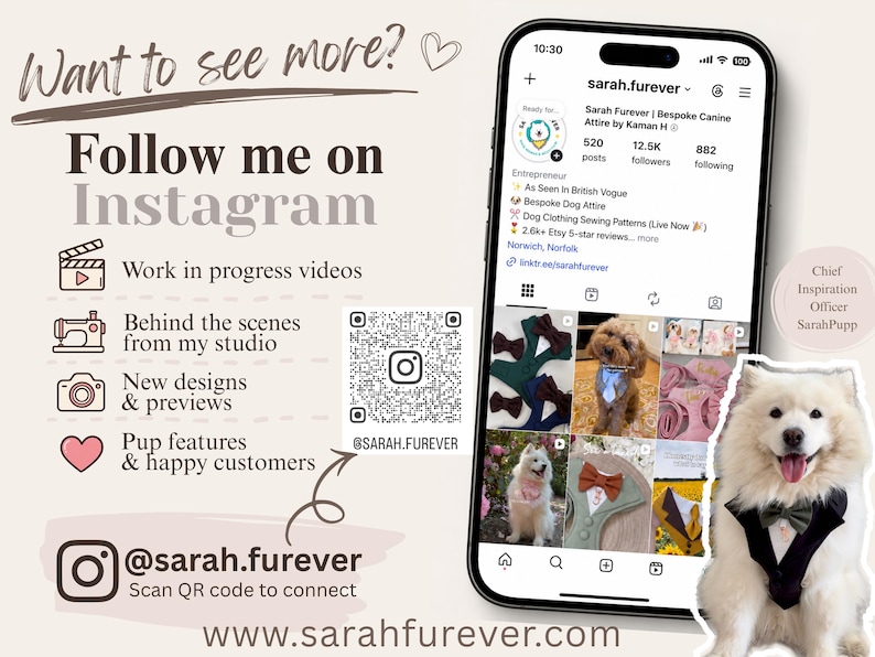Op de afbeelding: Een smartphone toont het Instagram-profiel sarah.furever met op maat gemaakte hondenkleding. Het scherm bevat een raster met foto's, een QR-code om te scannen en tekst die verwijst naar een kijkje achter de schermen en klantfoto's.