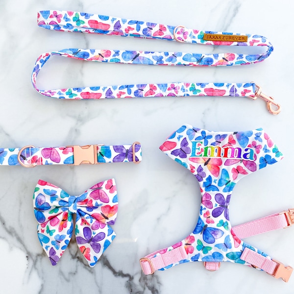 Butterflies Dog Harness SET – optional with matching leash bow and collar – personalised dog harness – Handmade in the UK