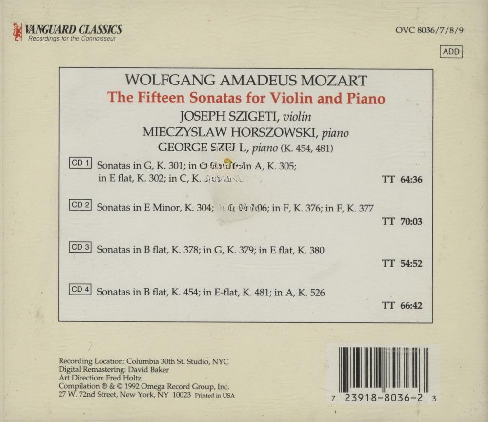 Mozart Violin Sonatas: Szigeti, Horszowski, Szell - 4CD Set