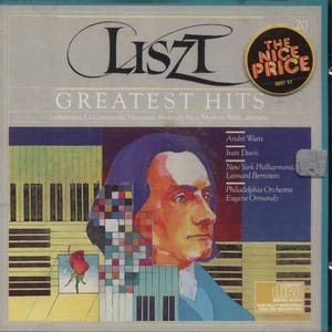 May include: A CD case with a colorful illustration of a man's face and a piano keyboard. The text on the case reads "Liszt Greatest Hits" and lists the performers and orchestras, including Andre Watts, Ivan Davis, New York Philharmonic, Leonard Bernstein, Philadelphia Orchestra, and Eugene Ormandy.