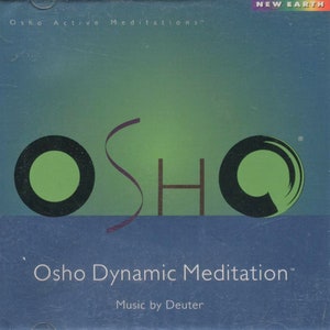 May include: A CD case with a blue and green gradient background. The word "OSHO" is prominently displayed in a stylized font, with a circular design on either side. The text "Osho Dynamic Meditation" and "Music by Deuter" are also visible.