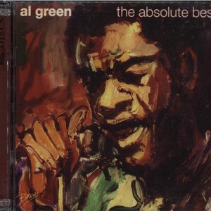 May include: CD case for Al Green's album, "The Absolute Best." The cover features a painted portrait of Al Green in shades of brown, orange, and green. The words "al green" and "the absolute best" are printed on the cover.