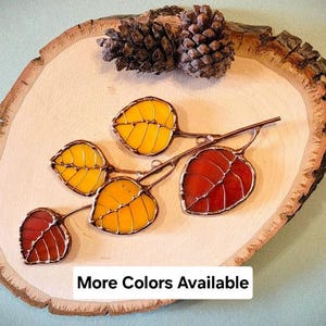 Stained Glass 5-Leaf Aspen Birch Tree Branch, Red Orange