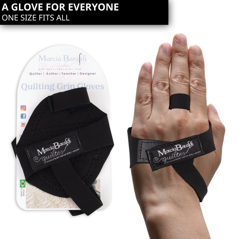 May include: Black quilting gloves with a padded fingertip and adjustable wrist strap. The gloves are designed to help quilters grip fabric more easily. The packaging includes the text "A GLOVE FOR EVERYONE ONE SIZE FITS ALL" and "Marcia Baraldi Quilter".