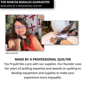 May include: A woman wearing glasses and a red top is quilting with a sewing machine. The text "THE MARCIA BARALDI GUARANTEE" and "DEVELOPED BY A PROFESSIONAL QUILTER" is at the top of the image. The text "MADE BY A PROFESSIONAL QUILTER" is at the bottom of the image. The text "You'll quilt like a pro with our supplies. Our founder uses her years of quilting expertise and awards on quilting to develop equipment and supplies to make your experience more enjoyable." is below the text "MADE BY A PROFESSIONAL QUILTER".