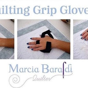 May include: Three images showing how to use quilting grip gloves. The gloves are black and have a textured surface. The gloves are worn on the hands and help to grip the fabric while quilting.