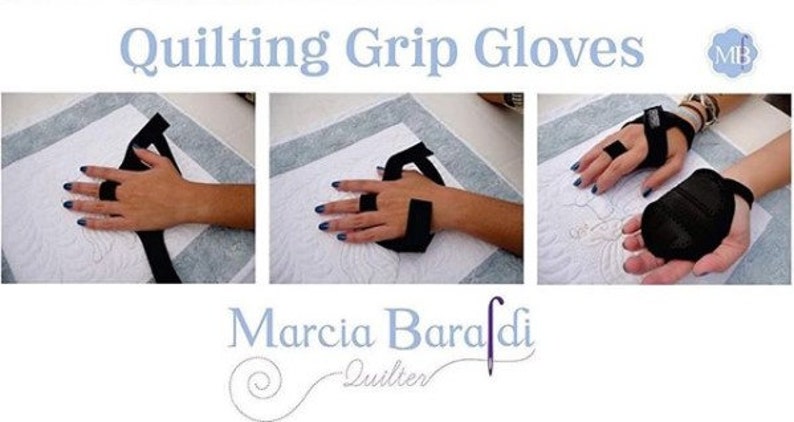 May include: Three images showing how to use quilting grip gloves. The gloves are black and have a textured surface. The gloves are worn on the hands and help to grip the fabric while quilting.