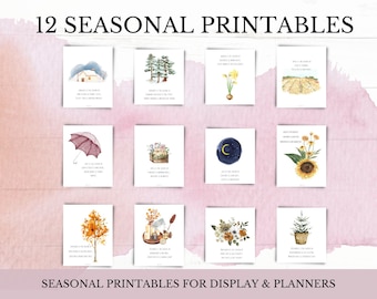 May include: Twelve printable illustrations featuring watercolor paintings of various seasonal scenes, including a house in the snow, a tree with snow, daffodils, a field of wheat, an umbrella, a flower box, a crescent moon, sunflowers, fall leaves, a candle, flowers, and a pine tree. Each illustration includes a short quote about the season.