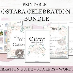 May include: A printable Ostara Celebration Bundle featuring a guide, stickers, and word art. The bundle includes pages with floral and nest illustrations, along with text that reads "Happy Ostara" and "Ostara Celebration Guide". The color palette includes soft pinks, greens, and whites.