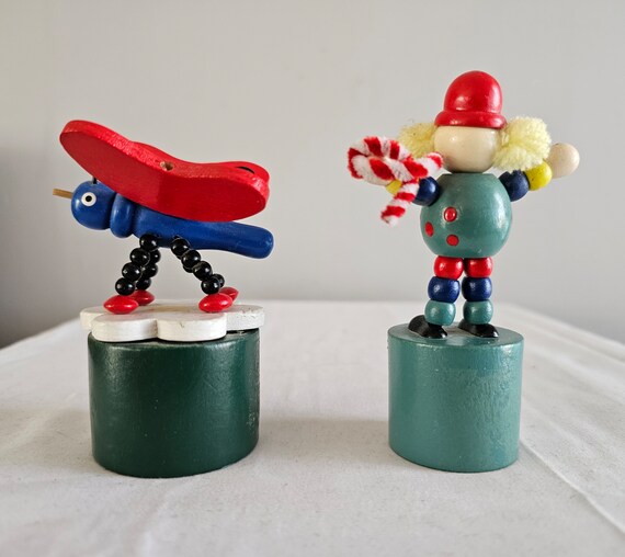 Lot of Two (2) Vintage Collapsing Wooden Push Toy - Clown