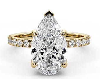 IGI Certified 3.50CT Pear Cut Lab Grown Diamond Engagement Ring - 14k Yellow Gold