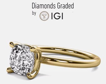 IGI Certified 2.00 CT Cushion Cut F VS2 Lab Grown Diamond Ring Yellow- Gold