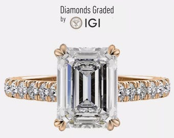 IGI Certified 2.40 Carat Emerald F VS2 Lab Grown Diamond 14k Rose Gold Ring