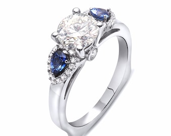 1.70 Carat Diamond & Blue Sapphire 14K White Gold Engagement Ring