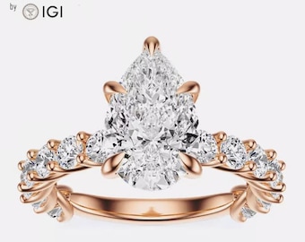 IGI Certified 5.13 CT Pear Cut Lab Grown Diamond Ring, 14k Rose Gold