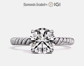 IGI Certified 2.00 CT Round Cut Lab Grown Diamond Engagement Ring: 14k White Gold