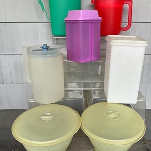 Vintage Tupperware: 1950s Party Bowl Set of 2, Pick a Deli Pickle or Cracker Keeper or 2 Qt Blue or 1.5 Qt Red Push Button or Rocker Pitcher
