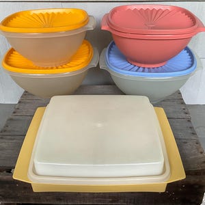 Tupperware Vintage Deviled Egg Taker or Square Servalier Dusty Rose or Yellow Square 8” or Blue or Yellow 9” Square Container