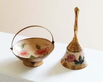 Vintage Indian Bijou Enamelled Brass Bowl & Bell - Matching Pink Floral Set - Footed Bowl w/ Handle, Basket Bowl - Dresser, Shelf Décor