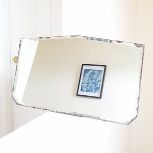 30&#39;s Art Deco Distressed Wall Mirror - MCM Frameless Bevelled Edge - Ready To Hang - Vintage  Landscape Rectangle Hanging Mirror - 13 x 22&quot;