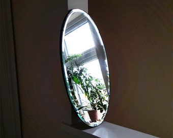Mid Century Modern Oval Mirror - Deep Bevel Edge - Vintage Portrait Wall Mirror - Misty Beauty Accent Mirror - Wood Back - 22 x 13"