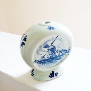 Vintage Delft Blue Small Lamp Base / Dried Posy Vase - Windmill Design w/ Country Homes - Ceramic, Hand Painted In Holland - Stamped To Base