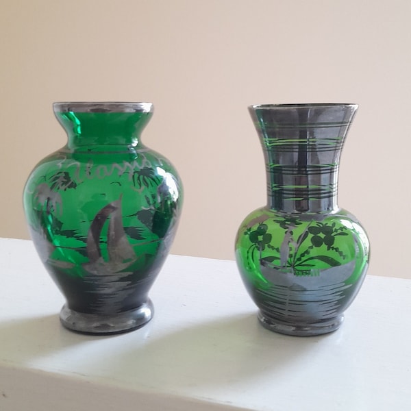 30's Art Deco Set Of 2 Venetian Emerald Green Glass Bud Vases w/ Silver Hand Painted Designs - Vintage Italian Souvenir Glass Shelf Display