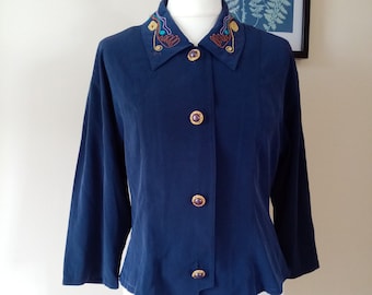 80's Embroidered Western Blouse - Navy Blue - Collar Detail  UK 10-12 / USA/Cn 6-8 EU 38-40 - Boho Cowboy Style - Women's Vintage Shirts