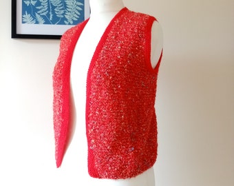 70's Vintage Red & Multi Hand Knitted Sleeveless Shrug / Body Warmer / Bolero / Cardigan - UK 8-10/USA Cn 6-8 /Eu 36-38 - Retro Women's Wear