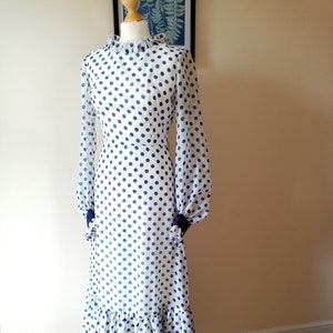 1960&#39;s Peter Barron Polka Dot Blouson Ruffle Dress - UK 8 - Full Length Layered Dress / Puff Sleeve Dress / Women&#39;s Vintage Formal Dresses