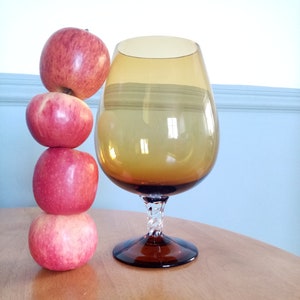 70&#39;s MCM Extra Large Amber Brandy Snifter Glass - Clear Twisted Stem - 9.5&quot; - Fab Kitsch Vintage - Balloon Goblet Brandy Bottle Glass
