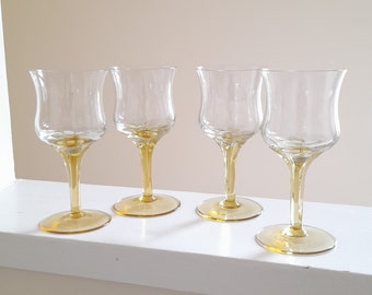 Mid Century Vintage Set Of 4 Port Wine Glasses - Handblown Clear Bowl w/ Amber Base & Stem - Handmade MCM Elegant Party Glassware