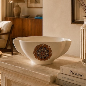 Puede incluir: Un cuenco de cerámica blanca con borde festoneado y un motivo floral circular central en tonos naranja, azul y marrón. El cuenco está colocado sobre una superficie de piedra junto a un jarrón beige texturizado con ramas secas y libros.