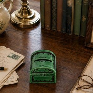 Può includere: Una piccola scatola in ceramica verde ad arco con bordo nero e una fessura orizzontale sulla parte anteriore. Le parole PHONE CALLS sono impresse in lettere nere sopra la fessura. La scatola ha un coperchio incernierato e una chiusura.
