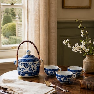 May include: A blue and white ceramic teapot with a woven brown handle, accompanied by three matching teacups. The set features a detailed willow pattern. A silver spoon, a folded linen napkin, a small vase with white flowers, and a candle are present.