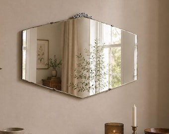 1930s Art Deco Bevelled Wall Mirror: Chrome Floral Crest, Vintage Accent (13.5 x 22")