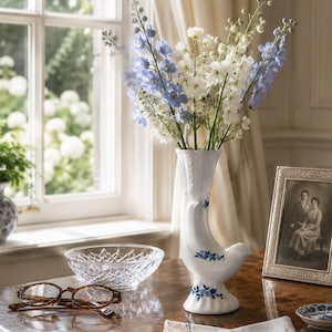 May include: A white ceramic vase shaped like a bird, featuring delicate blue floral patterns on its body. The vase holds a bouquet of tall, slender blue and white delphinium flowers, standing as a centerpiece on a polished wooden surface.